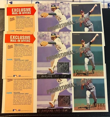 Lote de 3 hojas promocionales de béisbol Fleer 1993 sin cortar Dennis Eckersley, Tom Glavine Foto 1 de 2
