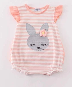 Girl's Boutique Pink Easter Bunny Sequin Girl Embroidered Embroidery Romper Outf - Picture 1 of 10