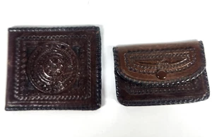 Vtg Bi Fold Wallet Hand Tooled Leather Brown Thin Style Streamline + Coin Purse - Picture 1 of 10