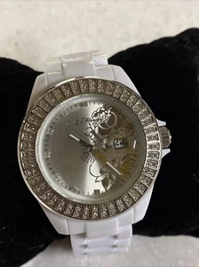 ED Hardy Quartz Watch Unisex 30m White Plastic Rhinestone Date New Battery 8.25" - Picture 1 of 6