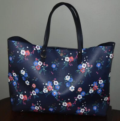 Tory Burch Parker Tote Shoulder Bag Purse Pansy Bouquet Floral Blue Leather PVC - Image 1 of 4