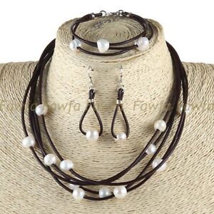 9-10mm White Freshwater Pearl Brown Leather Rope Necklace Bracelet Earrings Set