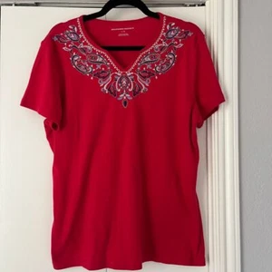 Allison Daley Red V-Neck T-Shirt Embellished Rhinestone Paisley Detail L/G - Picture 1 of 4