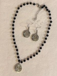 Swirl Charm Pendant Necklace and Earrings Set Spiral Vortex Silver Black Beads - Picture 1 of 17