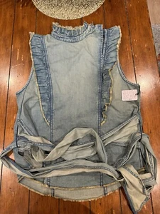 NWT Free People Denim Pullover Ruffled Top With Belt Size L - Picture 1 of 14