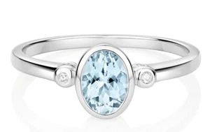 Real Aquamarine and Diamond Ring 9ct White Gold Oval Solitaire Size J - Q - Picture 1 of 5