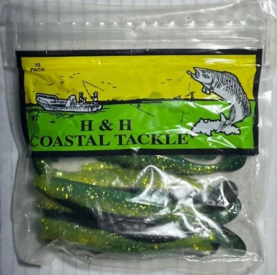 Vintage Fishing Lure H & H Coastal Tackle 10-Pack Green & Yellow Glitter Shad - Image 1 of 3
