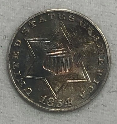 1854 Three Cent Silver. .03 3CS. Colorful and Fully Struck. - Image 1 of 3