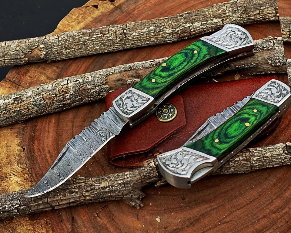 Cuchillo de bolsillo plegable con bloqueo trasero hecho a mano Damasco camping caza cuchillo y bolsa Foto 1 de 4
