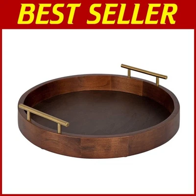 Modern Round Tray with Metal Handles, 18", Walnut & Gold - Image 1 of 4