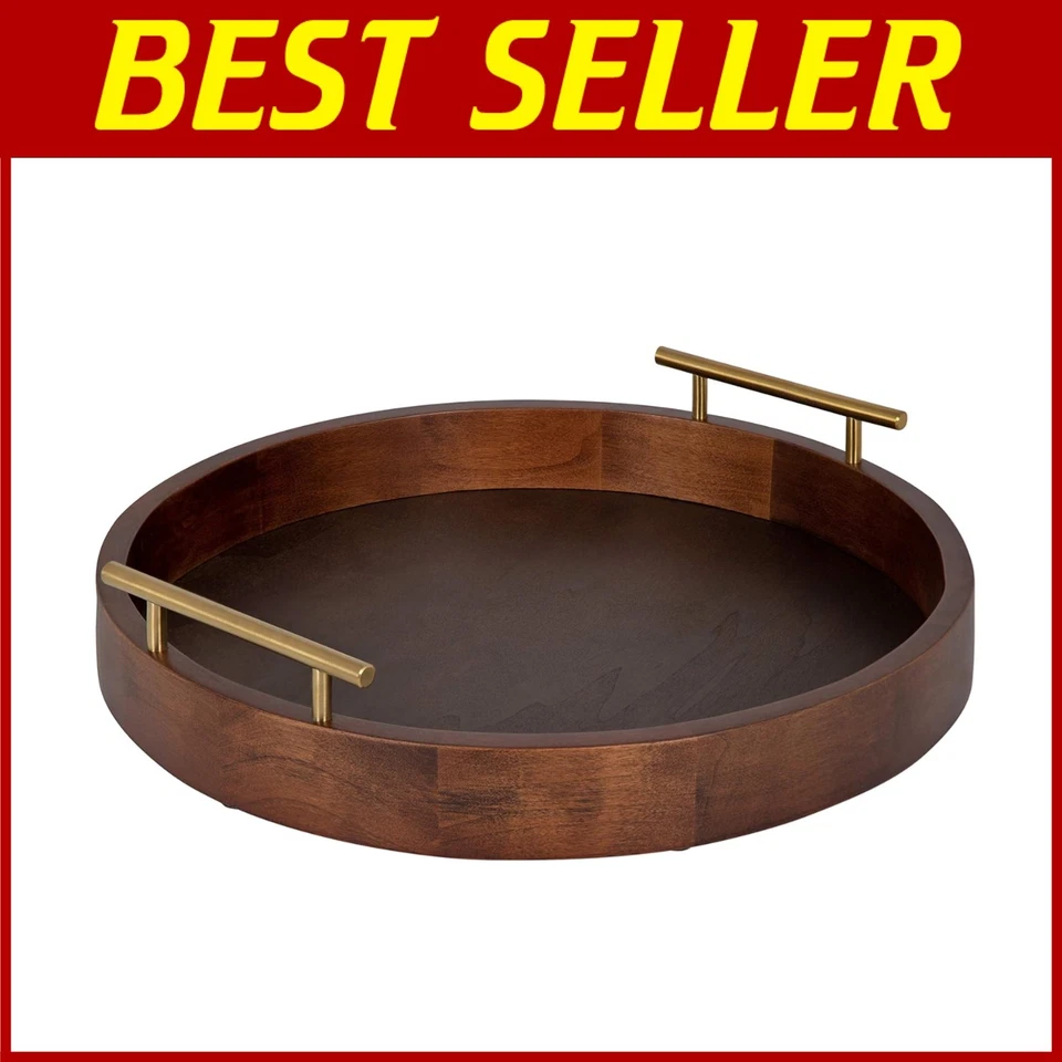 Modern Round Tray with Metal Handles, 18", Walnut & Gold - Image 1 of 4