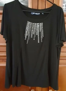 NUEVO TOP DE MANGA CORTA ESTILO SUSAN GRAVER NEGRO CON BLING PLATEADO TALLA L - Imagen 1 de 3