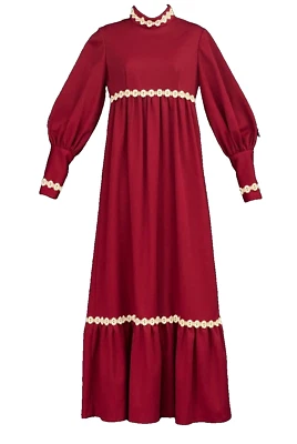 Maxi Vestido Vintage Años 70 Borgoña, Rojo Victoriano Manga Larga Globo Princesa S Foto 1 de 4