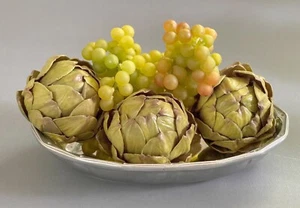 Faux Artichokes and Grapes in Pewter Fleur de Lis Oval Dish / Artificial Articho - Picture 1 of 9