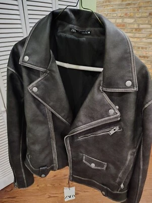 Chaqueta de motociclista lavada de cuero sintético para hombre ZARA mediana sexy nueva con etiquetas Foto 1 de 4