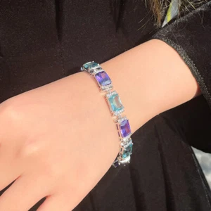Bracelet maillons breloques carrées zircone cubique bleu violet plaqué argent pour mariées - Photo 1/10