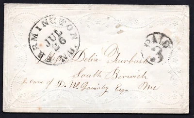 FUNDA MUJER DELICADA EN RELIEVE EE. UU. 1854 FARMINGTON N.H. CON MARCA DE MENSAJERÍA "PAID3" Foto 1 de 2