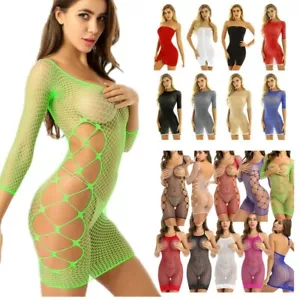 Sexy Womens Sheer Mesh Lingerie Fishnet Body Stocking Teddy Bodycon Mini Dresses - Picture 1 of 99