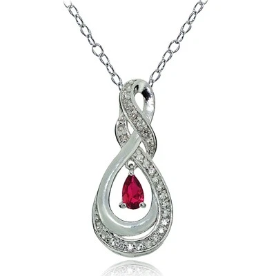Sterling Silver Created Ruby and White Topaz Infinity Twist Teardrop Necklace - Image 1 of 3