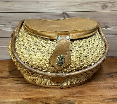 Bolso de Transporte Vintage Redondo Tejido a Mano Ratán Mimbre Paja Cuero Creel Foto 1 de 4