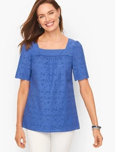 Talbots SZ XL Periwinkle Blue Eyelet Cotton Top Square Neck Cottagecore Short Sl - Picture 1 of 9