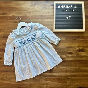 Shrimp & Grits Kids Isla Blue White Polka Dot Smocked Nativity Ruffle Knit Dress - Picture 1 of 8