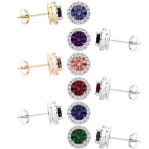925 Sterling Silver & 9ct Gold Simulated Diamond & Gemstone Halo Stud Earrings - Picture 1 of 16
