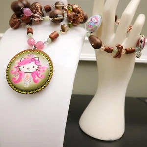 Tarina Tarantino jewelry set Hello Kitty Pink Head Bohemian necklace & bracelet - Picture 1 of 13