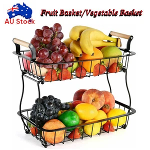 2 Tier Fruit Basket Bowl Kitchen Bread Vegetable Holder Rack Storage Stand Black - Picture 1 of 6