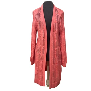 Soft Surroundings Long Line Open Cardigan Duster Melon Orange Pointelle Knit M - Picture 1 of 13