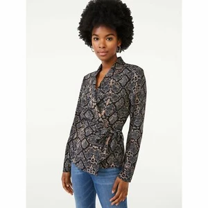 Scoop Women's Print Wrap Top, Black Python, Medium (8-10) - Picture 1 of 2