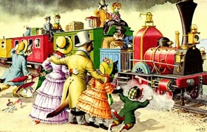 Postal 4726 de Alfred Mainzer de gatos atrapando el tren - Imagen 1 de 2