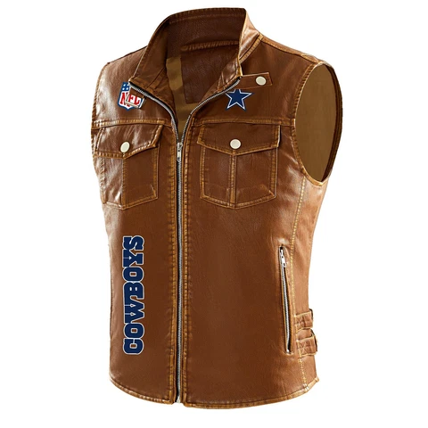 Dallas Cowboys PU Leather Motorcycle Biker Vest Sleeveless Jacket W/Pockets Cover