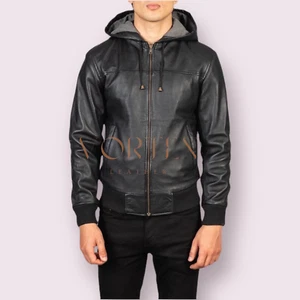 Men's Hoodie Jacket In Genuine Lambskin Leather Soft Leather Hoodie Jacket Style - Picture 1 of 6
