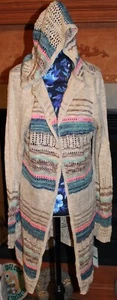 Large NWT Juniors Jolt Striped Crochet Hooded LS Lightweight Duster Sweater - Picture 1 of 7
