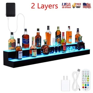 2 Layers Acrylic LED Lighted Bar Shelf Display Wine Racks 60'' With App Control - Picture 1 of 6