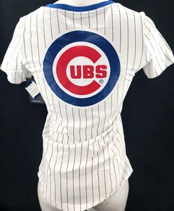 NEW Chicago Cubs MLB New Era White Pinstripe V-Neck Glitter SS Shirt Womens S - Picture 1 of 9