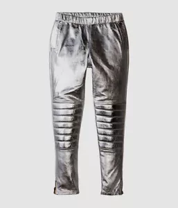 $239 Eve Jnr Kid's Girl's Silver Leather Harem Tapered-Leg Ribbed Jogger Pants 8 - Picture 1 of 1