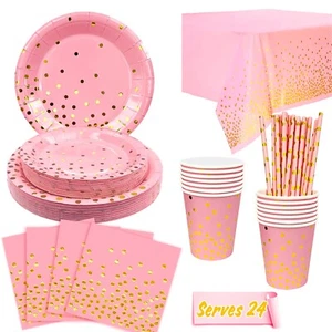 Pink & Gold Party Plates Cups Wedding Party Tableware Engaged Party Supplies - Picture 1 of 11
