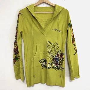 Felpa con cappuccio scollo a V vintage Ed Hardy verde farfalla strass occhio di tigre Y2K M - Foto 1 di 20