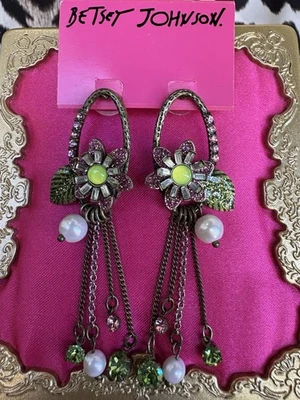 Pendientes Betsey Johnson Vintage Critters Rosa Brillo Flor Margarita Perla Verde Foto 1 de 2