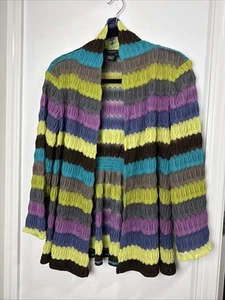 Peck & Peck Striped Crochet Open Front Cardigan Sweater Womens 8 Gray Multi - Picture 1 of 6