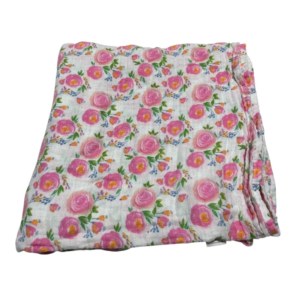 Mudpie Pink Floral Muslin Swaddle Baby Blanket Cotton Roses - Image 1 of 4