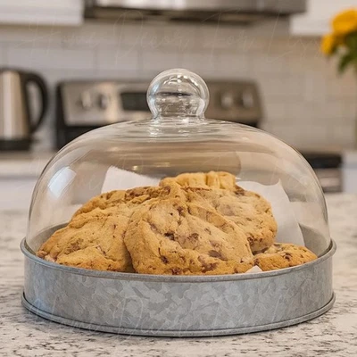 Farmhouse Cloche Glass Dome w Galvanized Base Serving Tray Cheese Cookies Cake - Image 1 of 4