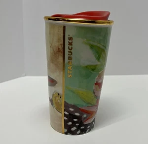 Taza vaso Starbucks 2014 acuarela floral 10 oz cerámica viajero tapa roja - Imagen 1 de 13