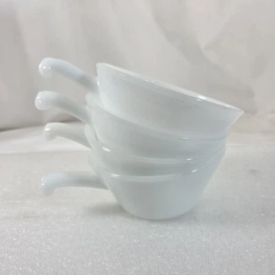 Vintage Fire-King Anchor Hocking Milk Glass Handled Bowls Set of 4 Made USA - Image 1 of 4