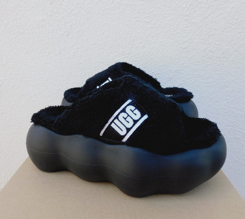 UGG SANDALI SLIDE CIABATTE PLATEAU 3" SPUGNA NERA SUGARCLOUD US 10 EUR 41 ~NUOVI CON SCATOLA