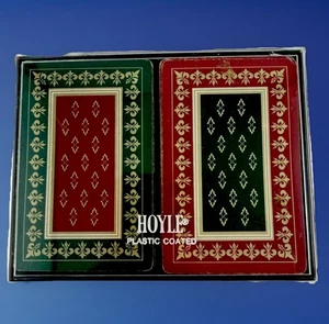 Vintage Hoyle Plastic Coated Playing Cards Double Deck Red Green Fleur de Lis - Picture 1 of 10