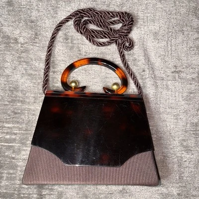 Vintage Faux Tortoise Shell Shoulder Bag Purse Brown Gold Accents Handbag 7”x5.5 - Image 1 of 4