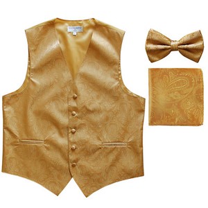 New Polyester Men's Tuxedo Vest Waistcoat & Bow tie_hankie Paisley Gold 